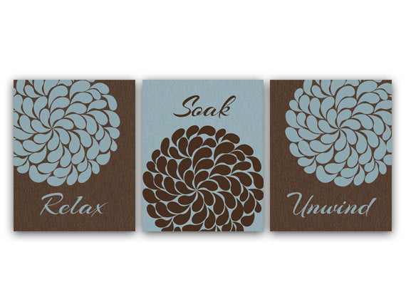 Bathroom Wall Art CANVAS or PRINTS, Relax Soak Unwind, Slate & Brown Bathroom Decor, Modern Bathroom Art, Set of 3 Bath Art Prints - BATH4