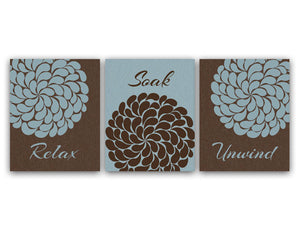 Bathroom Wall Art CANVAS or PRINTS, Relax Soak Unwind, Slate & Brown Bathroom Decor, Modern Bathroom Art, Set of 3 Bath Art Prints - BATH4