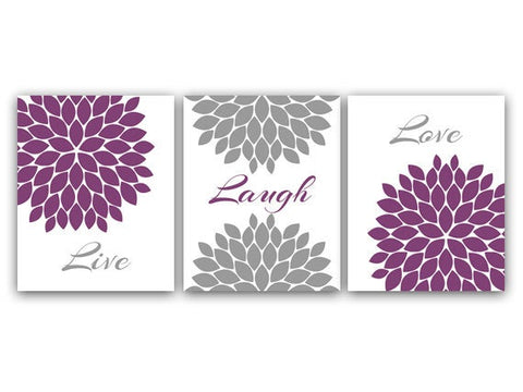 Home Decor CANVAS Wall Art, Live Laugh Love, Purple Wall Art, Flower Burst Bathroom Wall Decor, Purple and Gray Bedroom Wall Art - HOME22