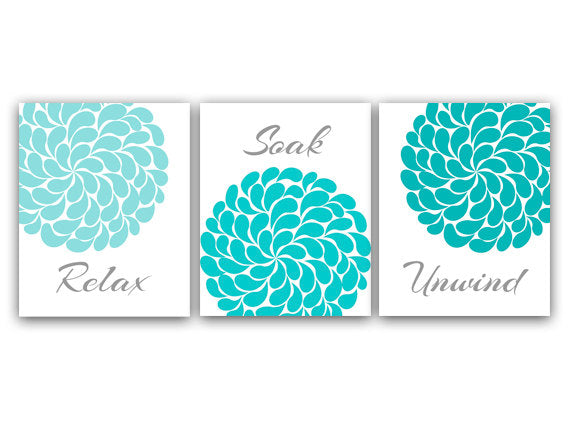 Bathroom Wall Art, PRINTS or CANVAS Relax Soak Unwind, Aqua & Gray Bathroom Decor, Modern Bathroom Art, Set of 3 Bath Art Prints - BATH5