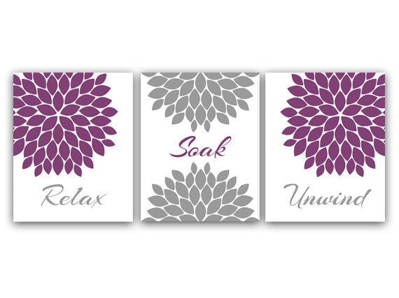 Bathroom Wall Art CANVAS or PRINTS, Relax Soak Unwind, Purple and Gray Bathroom Decor, Modern Bathroom Art, Set of 3 Bath Art Prints - BATH6