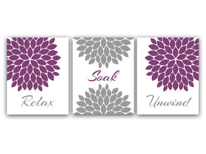 Bathroom Wall Art CANVAS or PRINTS, Relax Soak Unwind, Purple and Gray Bathroom Decor, Modern Bathroom Art, Set of 3 Bath Art Prints - BATH6