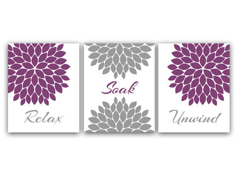Bathroom Wall Art CANVAS or PRINTS, Relax Soak Unwind, Purple and Gray Bathroom Decor, Modern Bathroom Art, Set of 3 Bath Art Prints - BATH6