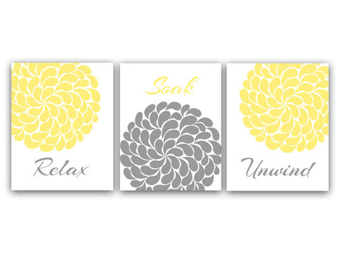 CANVAS Bathroom Wall Art, Relax Soak Unwind, Yellow and Gray Bathroom Decor, Modern Bathroom Art, Set of 3 Bath Art Prints - BATH9