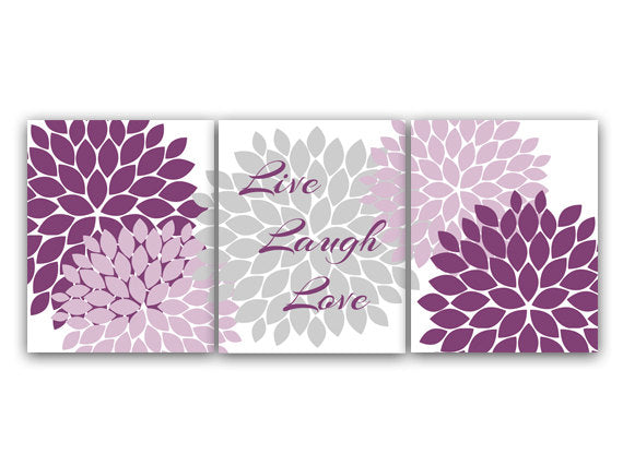 Home Decor Wall Art, Live Laugh Love, Purple and Gray Wall Art CANVAS, Flower Burst Bathroom Wall Decor, Purple Bedroom Decor - HOME26