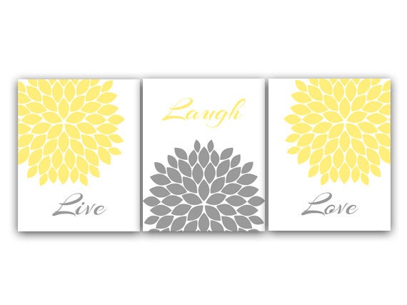 Home Decor Wall Art CANVAS, Live Laugh Love, Yellow and Gray Bedroom Decor, Bedroom Wall Art, Set of 3 Flower Burst Art Prints - HOME27