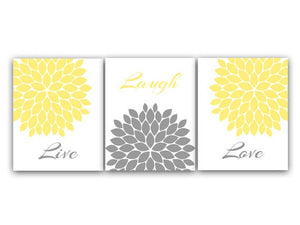 Home Decor Wall Art CANVAS, Live Laugh Love, Yellow and Gray Bedroom Decor, Bedroom Wall Art, Set of 3 Flower Burst Art Prints - HOME27