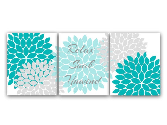 Bathroom CANVAS or PRINTS Wall Art, Relax Soak Unwind, Aqua and Gray Bathroom Decor, Modern Bathroom Art, Set of 3 Bath Art Prints - BATH16