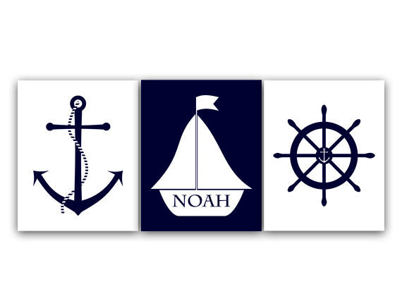 Nautical CANVAS Wall Art, Personalized Kids Name Art, Nautical Nursery Art Print, Sailboat Nursery Decor, Navy Nursery Art - KIDS37