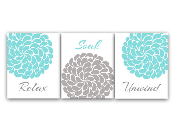 Bathroom Wall Art, Relax Soak Unwind CANVAS or PRINTS, Aqua and Gray Bathroom Decor, Modern Bathroom Art, Set of 3 Bath Art Prints - BATH24