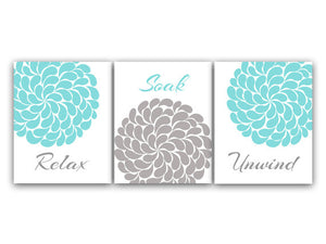 Bathroom Wall Art, Relax Soak Unwind CANVAS or PRINTS, Aqua and Gray Bathroom Decor, Modern Bathroom Art, Set of 3 Bath Art Prints - BATH24