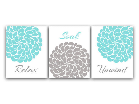Bathroom Wall Art, Relax Soak Unwind CANVAS or PRINTS, Aqua and Gray Bathroom Decor, Modern Bathroom Art, Set of 3 Bath Art Prints - BATH24