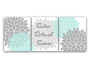 Bathroom Wall Art PRINTS, Relax Refresh Renew CANVAS, Gray and Aqua Bathroom Decor, Modern Bathroom Art, Set of 3 Bath Art Prints - BATH26