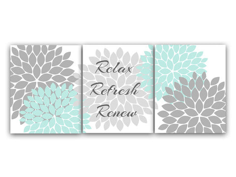 Bathroom Wall Art PRINTS, Relax Refresh Renew CANVAS, Gray and Aqua Bathroom Decor, Modern Bathroom Art, Set of 3 Bath Art Prints - BATH26