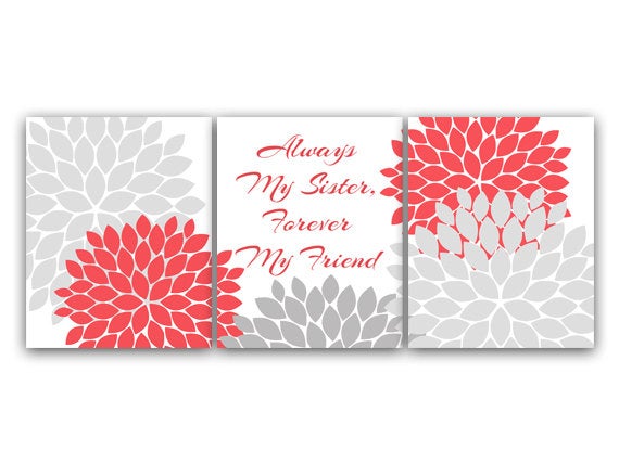 Coral & Gray Floral Sisters 3pc Wall Art "Always My Sister Forever My Friend" - KIDS40