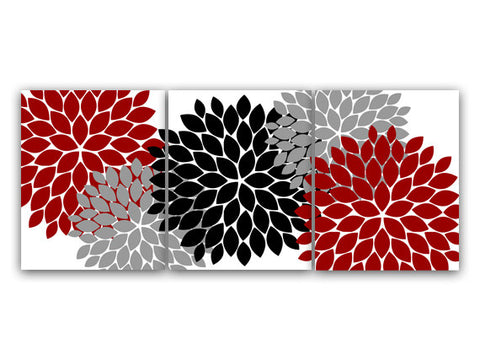 Home Decor Wall Art, Red Gray Flower Burst Art CANVAS, Bathroom Wall Decor, Bedroom Decor, Living Room Art, Family Room Wall Art - HOME39