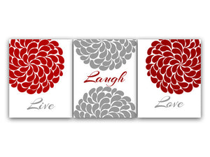 Home Decor CANVAS Wall Art, Live Laugh Love, Red and Gray Wall Art PRINTS, Flower Burst Bathroom Wall Decor, Red Bedroom Decor - HOME40