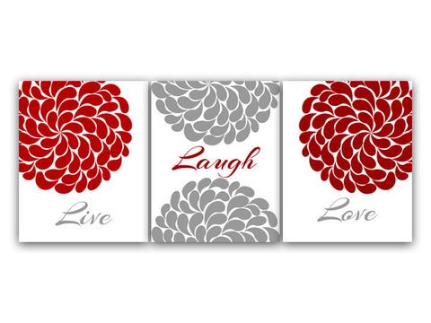 Home Decor CANVAS Wall Art, Live Laugh Love, Red and Gray Wall Art PRINTS, Flower Burst Bathroom Wall Decor, Red Bedroom Decor - HOME40