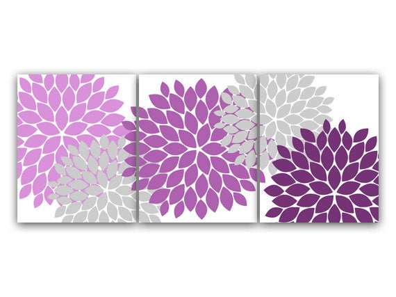 Home Decor CANVAS Wall Art, Lavender and Gray Flower Burst Art PRINTS, Bathroom Wall Decor, Purple Bedroom Decor, Nursery Wall Art - HOME41