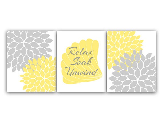 Bathroom Wall Art, Relax Soak Unwind CANVAS PRINTS, Yellow & Gray Bathroom Decor, Modern Bathroom Art, Set of 3 Bath Art Prints - BATH31