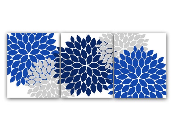 Home Decor CANVAS Wall Art, Blue and Gray Flower Burst Art PRINTS, Bathroom Wall Decor, Blue Bedroom Decor, Nursery Wall Art - HOME43