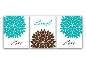 Home Decor CANVAS or PRINTS, Live Laugh Love, Turquoise Wall Art, Flower Burst Bathroom Wall Decor, Aqua and Brown Bedroom Wall Art - HOME18