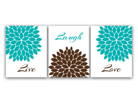 Home Decor CANVAS or PRINTS, Live Laugh Love, Turquoise Wall Art, Flower Burst Bathroom Wall Decor, Aqua and Brown Bedroom Wall Art - HOME18