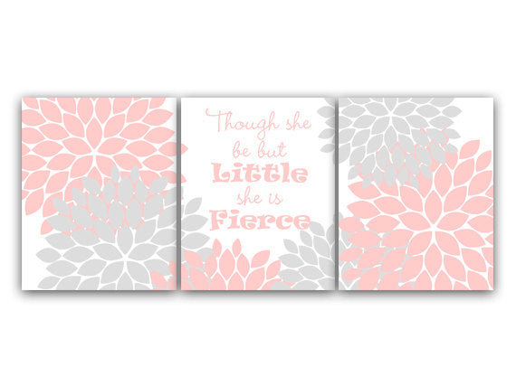 Pink and Gray Nursery CANVAS Prints, Though She Be But Little She Is Fierce, Nursery Wall Art, Kids Wall Art, Floral Nursery Art - KIDS62