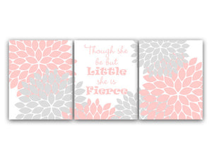 Pink and Gray Nursery CANVAS Prints, Though She Be But Little She Is Fierce, Nursery Wall Art, Kids Wall Art, Floral Nursery Art - KIDS62