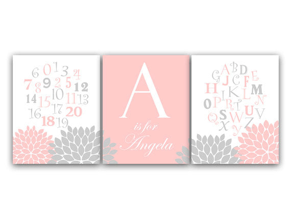 Nursery CANVAS Art, Nursery Alphabet, Pink and Gray Nursery Decor, Alphabet Art Print, Personalized Kids Wall Art, Kids Name Art - KIDS70