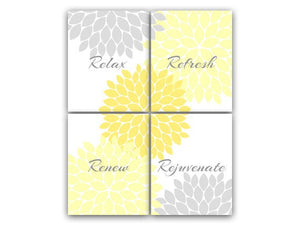 Yellow & Gray Flower Burst Bathroom 4pc Wall Art "Relax Refresh Renew Rejuvenate" - BATH39
