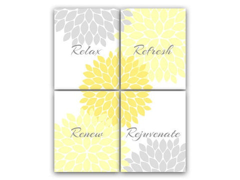 Yellow & Gray Flower Burst Bathroom 4pc Wall Art "Relax Refresh Renew Rejuvenate" - BATH39
