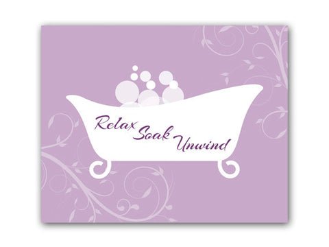 Scroll Bathroom Wall Art - Lavender & White Clawfoot Bathtub "Relax Soak Unwind" - BATH45