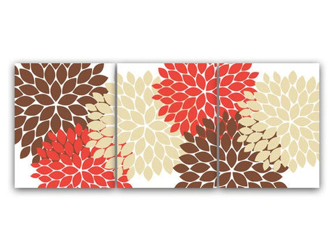 Home Decor Wall Art CANVAS or PRINTS, Coral and Brown Flower Burst Art, Bathroom Wall Decor, Coral Bedroom Decor, Nursery Wall Art - HOME51
