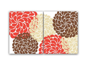 Red Coral, Brown & Tan Flower Burst 2pc Set Home Décor Wall Art - HOME49