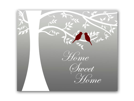 Gray & White Family Tree with Love Birds Wall Art "Home Sweet Home" - HOME53