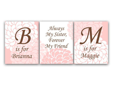 Personalized Pink Floral Sisters 3pc Wall Art "Always My Sister, Forever My Friend" - KIDS93