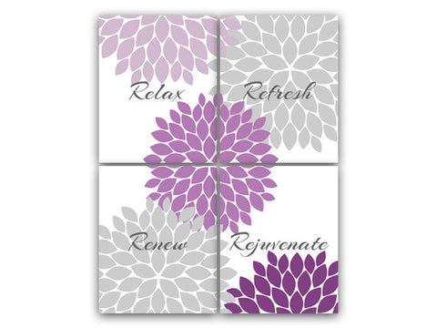 Purple & Gray Flower Burst Bathroom 4pc Wall Art "Relax Refresh Renew Rejuvenate" - BATH47
