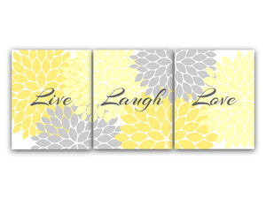 CANVAS and PRINTS Home Decor Wall Art, Live Laugh Love, Yellow Wall Art, Flower Burst Bathroom Decor, Yellow Grey Bedroom Wall Art - HOME54