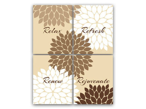 Brown & Tan Flower Burst Bathroom 4pc Wall Art "Relax Refresh Renew Rejuvenate" - BATH48