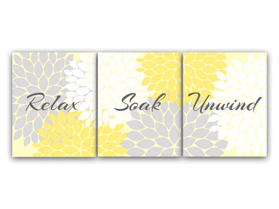 Relax Soak Unwind, Bathroom CANVAS Wall Art, Yellow and Gray Bathroom Decor, Modern Bathroom Art, Set of 3 Bath Art Prints - BATH49