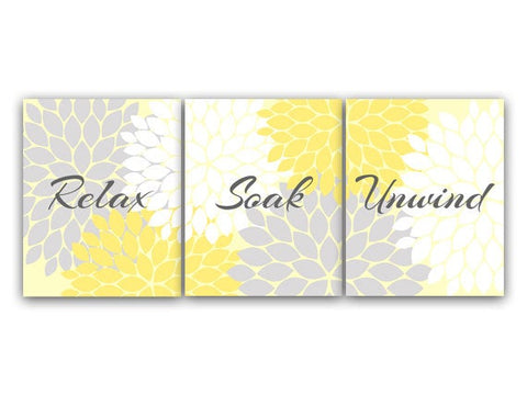 Relax Soak Unwind, Bathroom CANVAS Wall Art, Yellow and Gray Bathroom Decor, Modern Bathroom Art, Set of 3 Bath Art Prints - BATH49