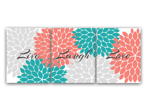 Home Decor Wall Art, CANVAS, Live Laugh Love, Coral Wall Art, Flower Burst Bathroom Wall Decor, Coral and Teal Bedroom Wall Art - HOME56