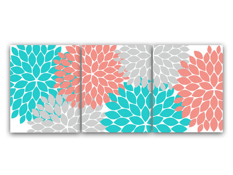 Home Decor CANVAS or Wall Art PRINTS, Coral and Teal Flower Burst Art, Bathroom Wall Decor, Coral Bedroom Decor, Nursery Wall Art - HOME58