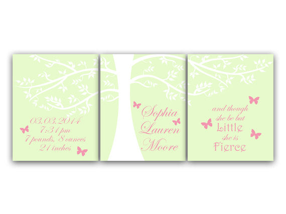 Birth Stats Wall Art, Nursery CANVAS, Though She Be But Little She Is Fierce, Kids Name Art, Pink and Green Nursery Decor - KIDS96
