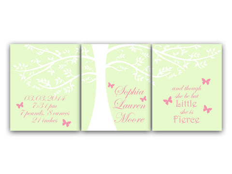 Birth Stats Wall Art, Nursery CANVAS, Though She Be But Little She Is Fierce, Kids Name Art, Pink and Green Nursery Decor - KIDS96