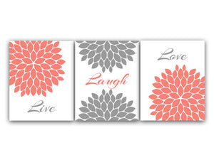 Home Decor CANVAS Wall Art, Live Laugh Love, Coral Wall Art, Flower Burst Bathroom Wall Decor, Coral and Grey Bedroom Wall Art - HOME62