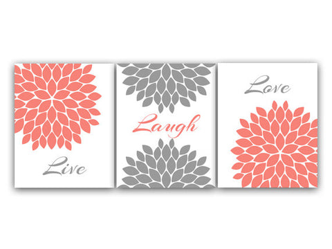Home Decor CANVAS Wall Art, Live Laugh Love, Coral Wall Art, Flower Burst Bathroom Wall Decor, Coral and Grey Bedroom Wall Art - HOME62