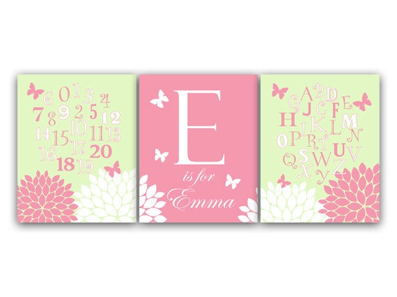 Nursery CANVAS Wall Art, Nursery Alphabet, Pink and Green Nursery Decor, Alphabet Poster, Personalized Kids Wall Art, Kids Name Art - KIDS99