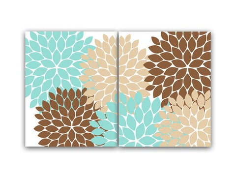 Aqua, Brown & Beige Flower Burst 2pc Set Home Décor Wall Art - HOME67